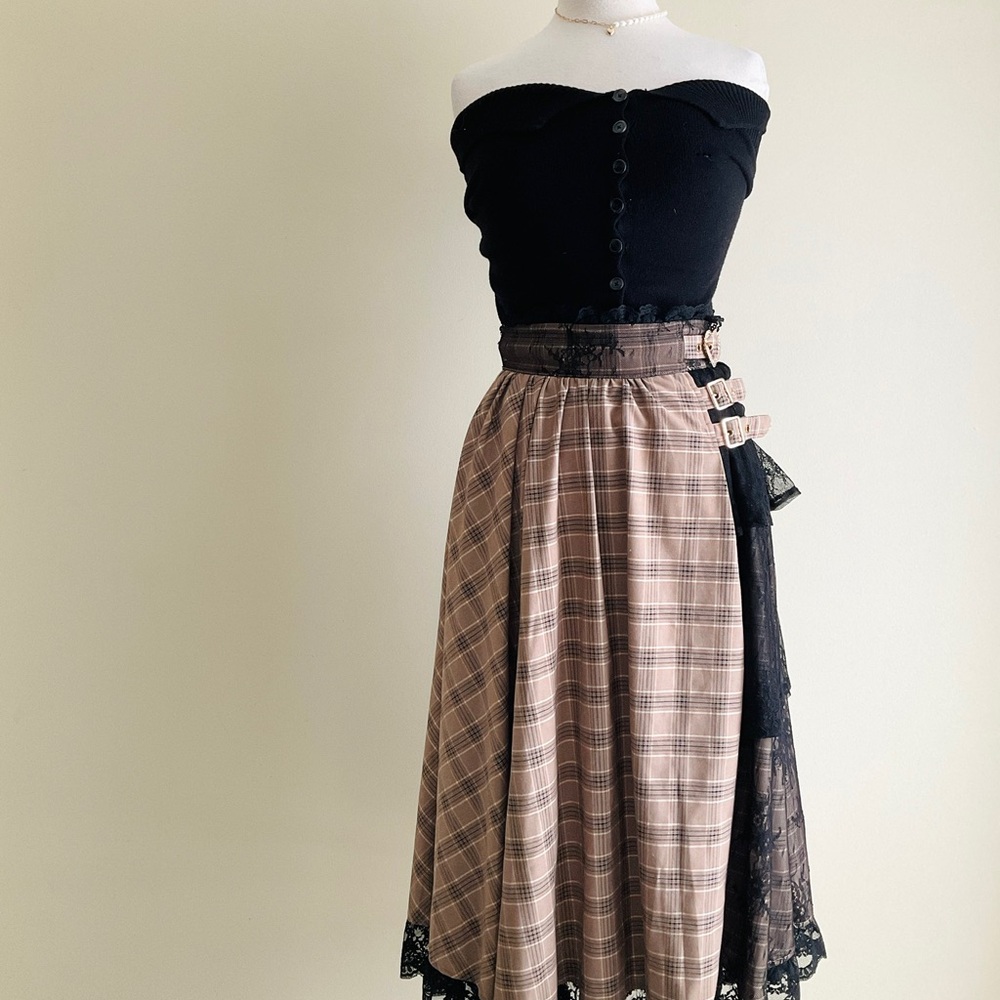 Y2K Plaid Brown Asymmetrical Skirt with Lace Detail